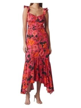 Chelsea 28 Floral Ruffle High-Low Midi Dress in Bright Pink